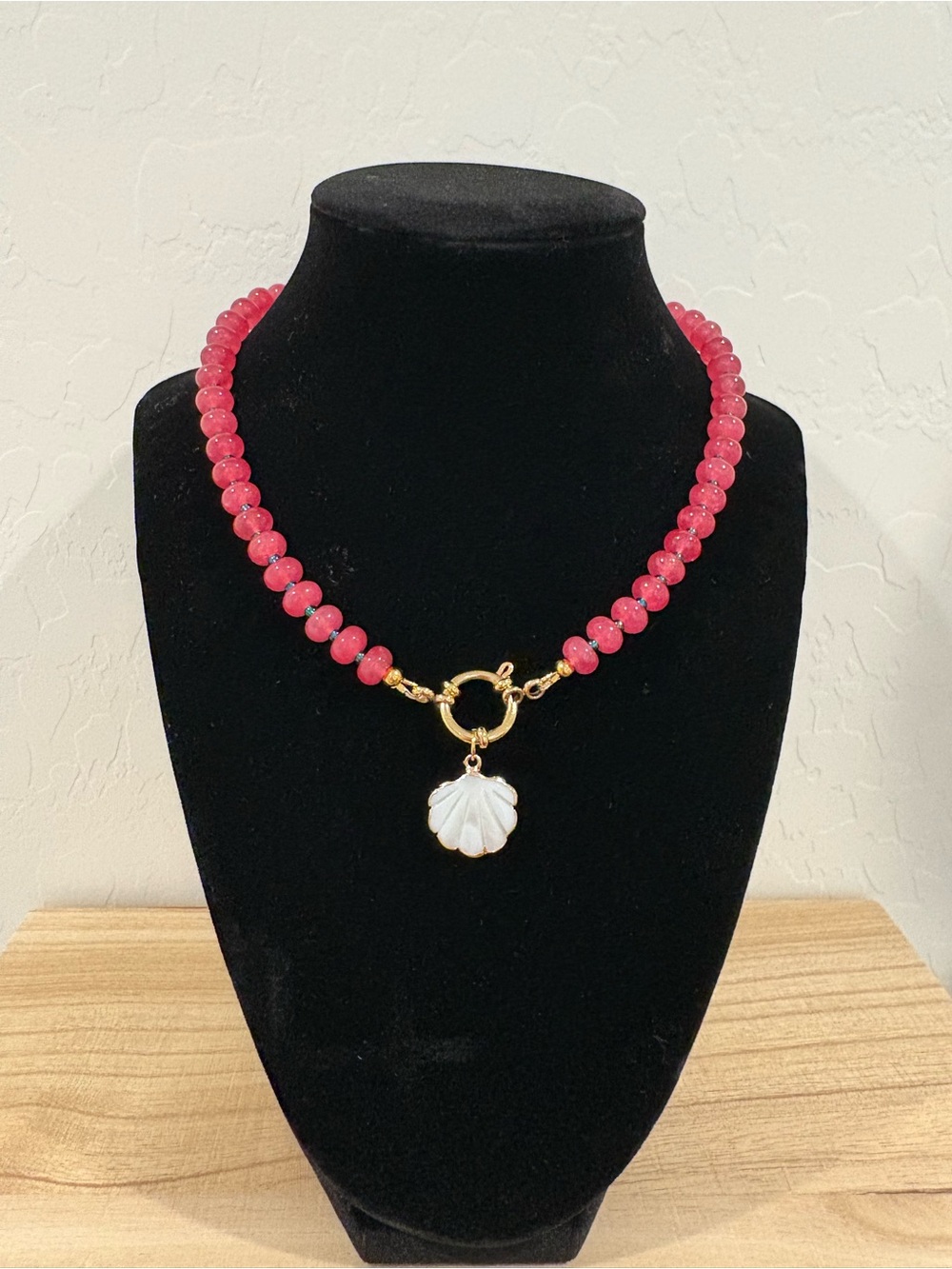 Cranberry Beaded Necklace with Gold Shell Pendant